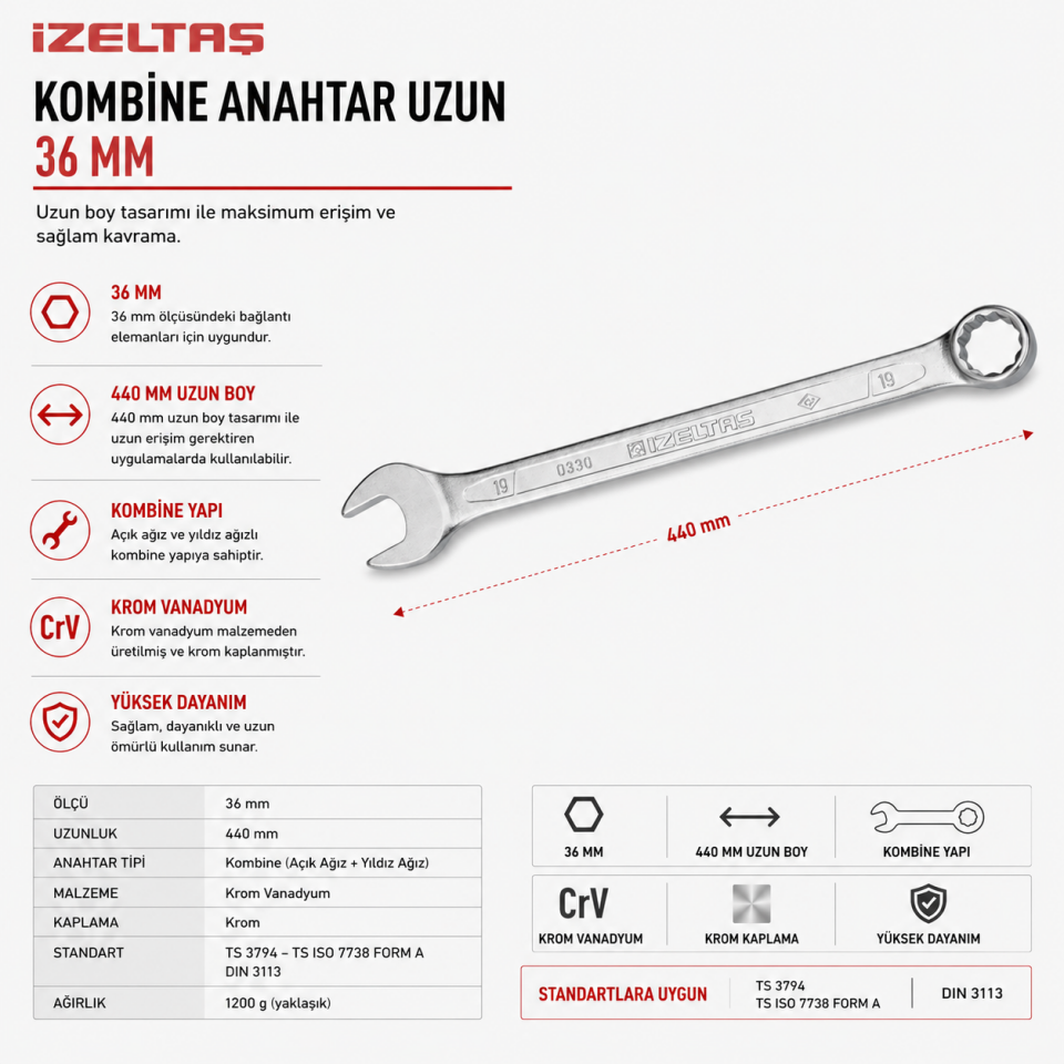 İZELTAŞ KOMBİNE ANAHTAR UZUN 36 MM