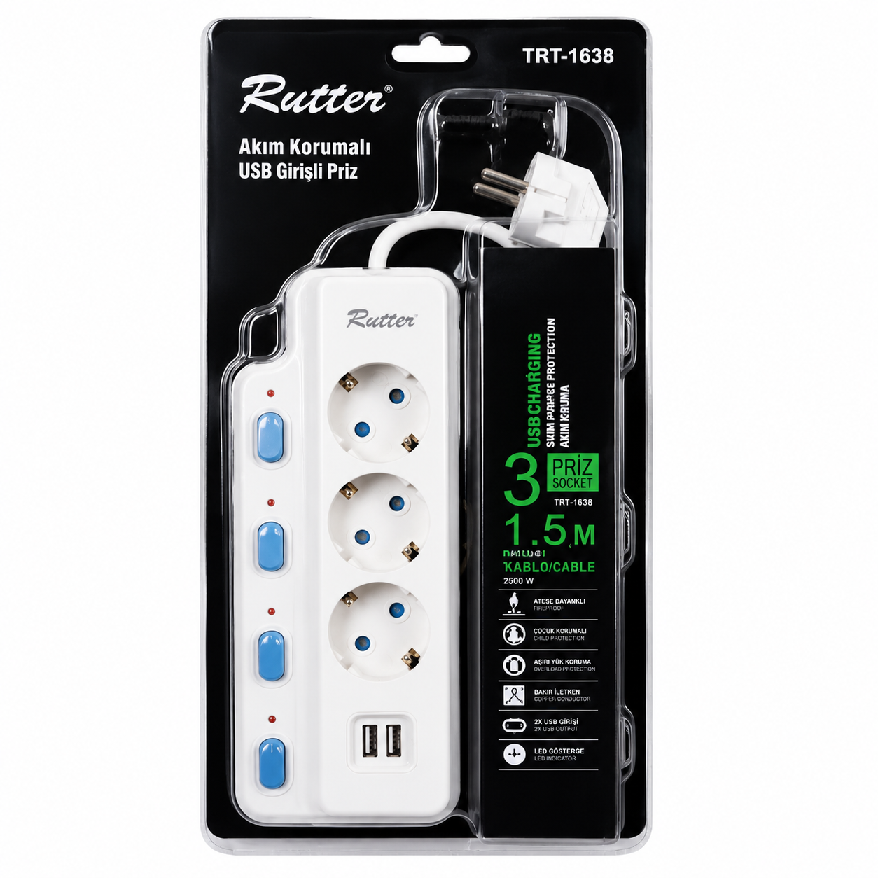 RUTTER USB AKIM KORUMALI ÜÇLÜ PRİZ SİYAH RT-8004