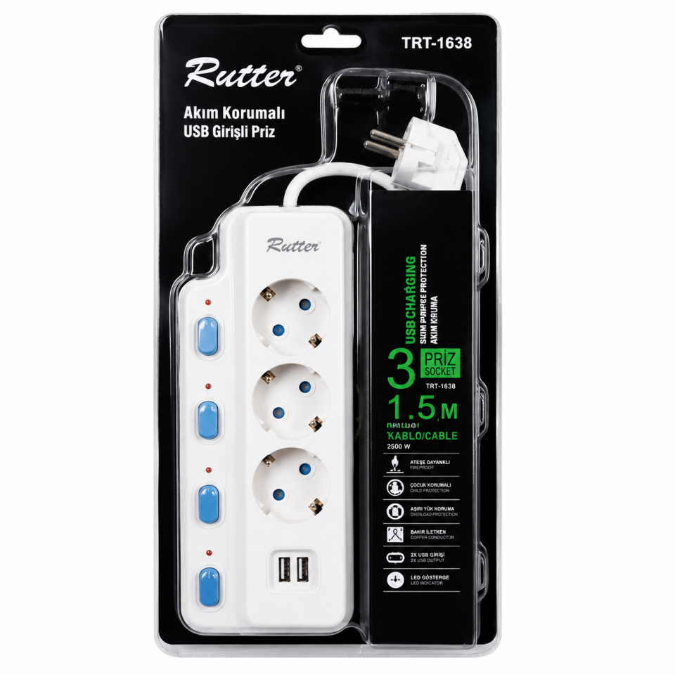 RUTTER USB AKIM KORUMALI ÜÇLÜ PRİZ SİYAH RT-8004