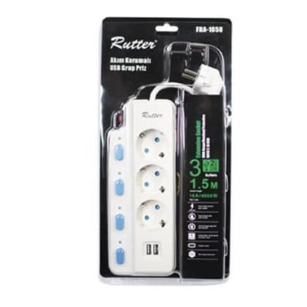 RUTTER USB AKIM KORUMALI ÜÇLÜ PRİZ BEYAZ RT-8005