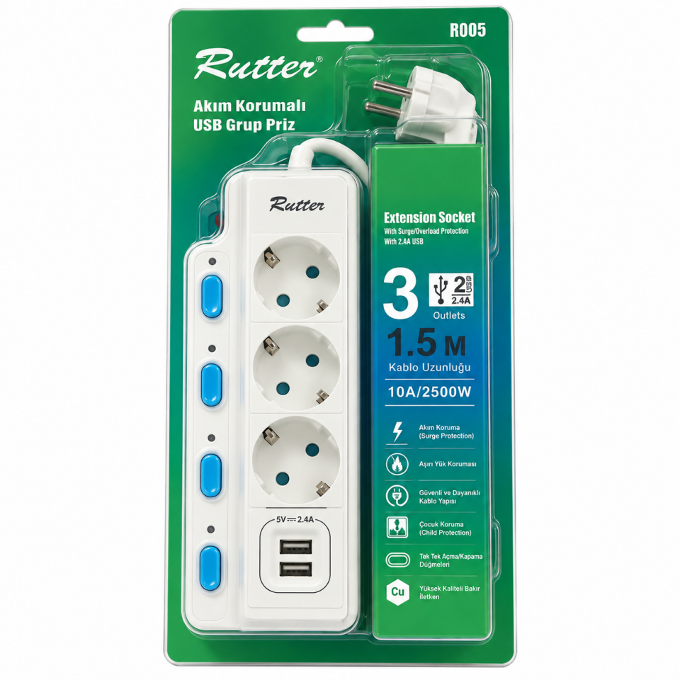 RUTTER USB AKIM KORUMALI ÜÇLÜ PRİZ BEYAZ RT-8005
