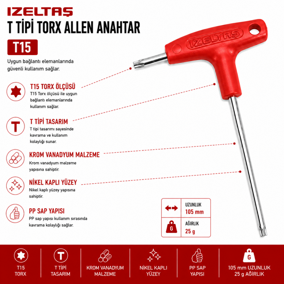 İZELTAŞ T15 T TİPİ TORK ALLEN ANAHTAR