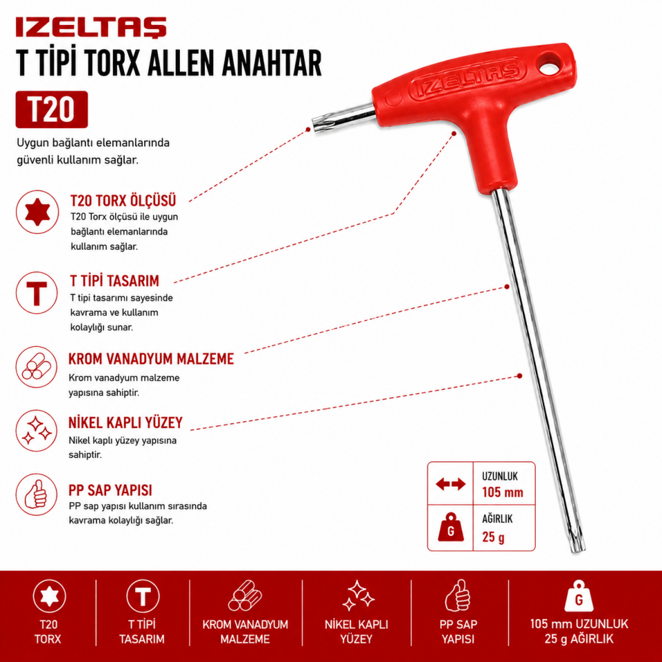 İZELTAŞ T20 T TİPİ TORK ALLEN ANAHTAR