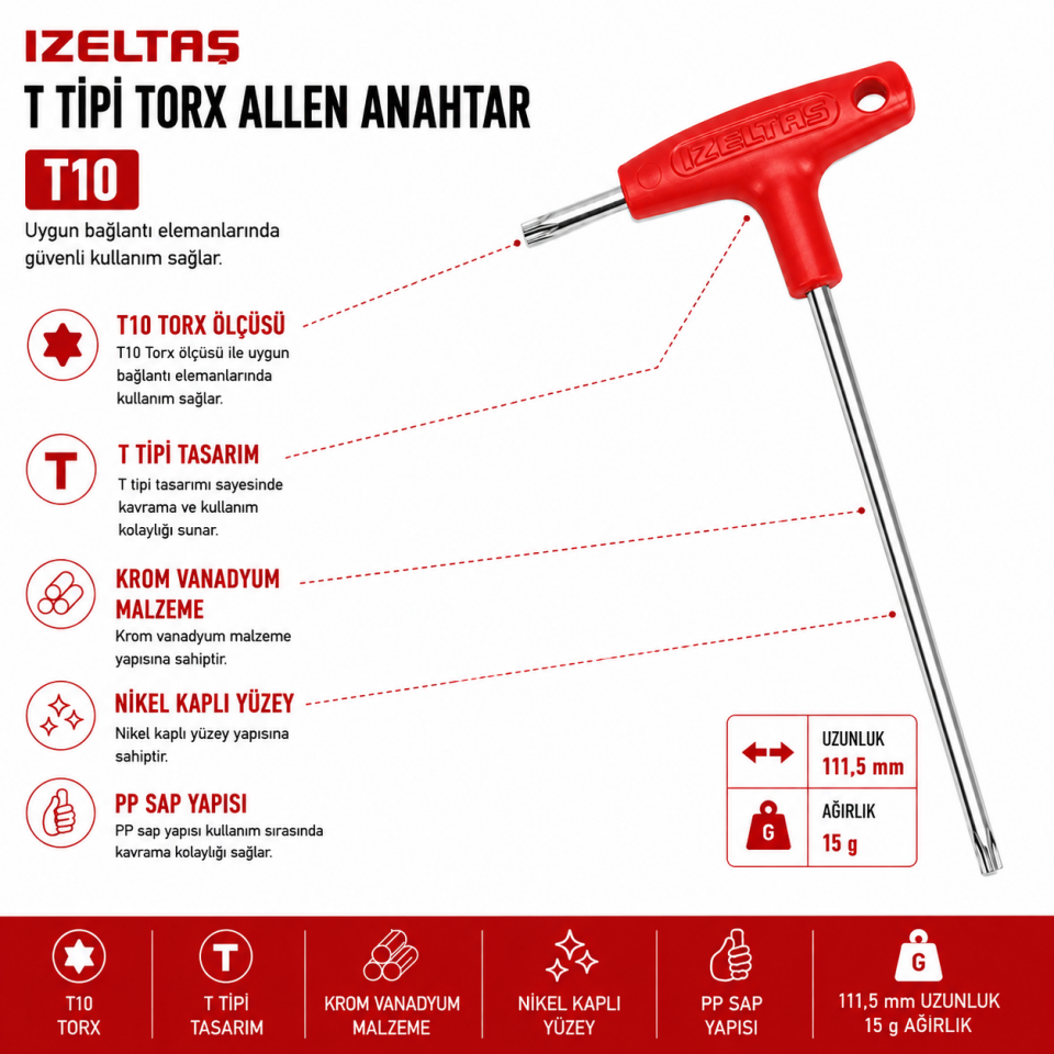 İZELTAŞ T10 T TİPİ TORK ALLEN ANAHTAR
