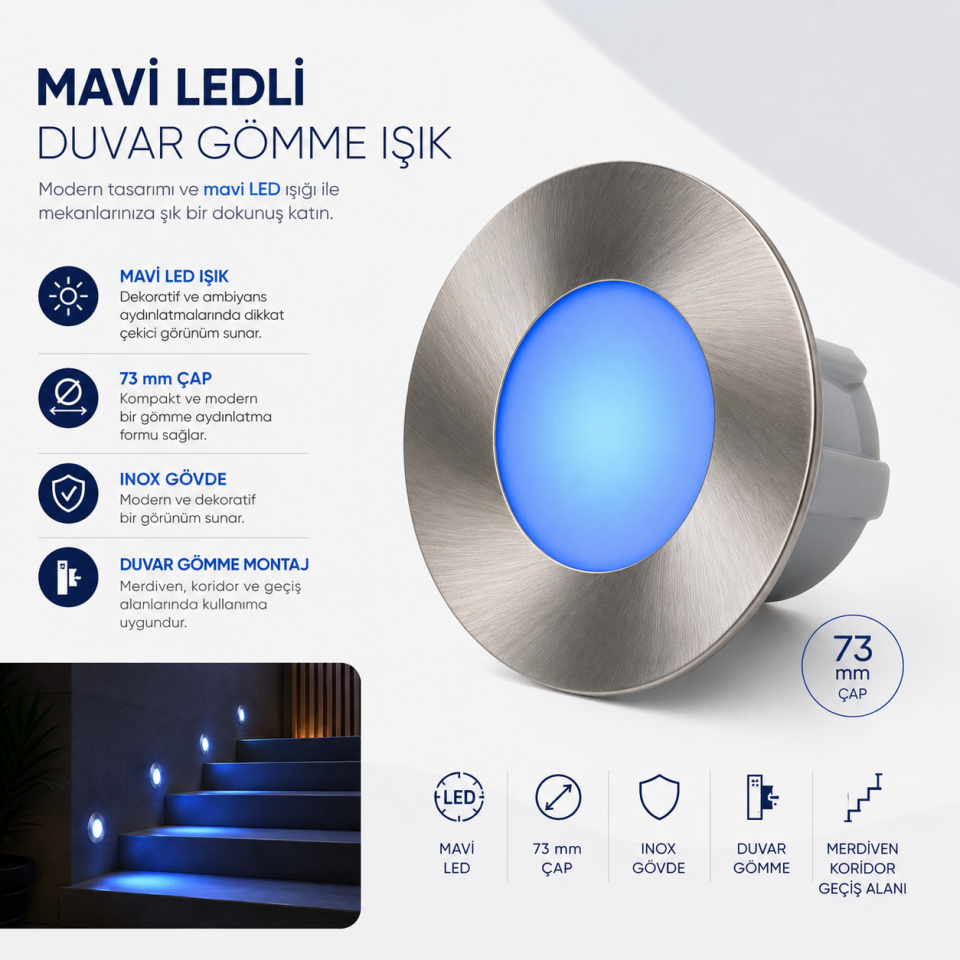 AKVİVA 61111 DOLUNAY LEDLİ DUVAR GÖMME MAVİ