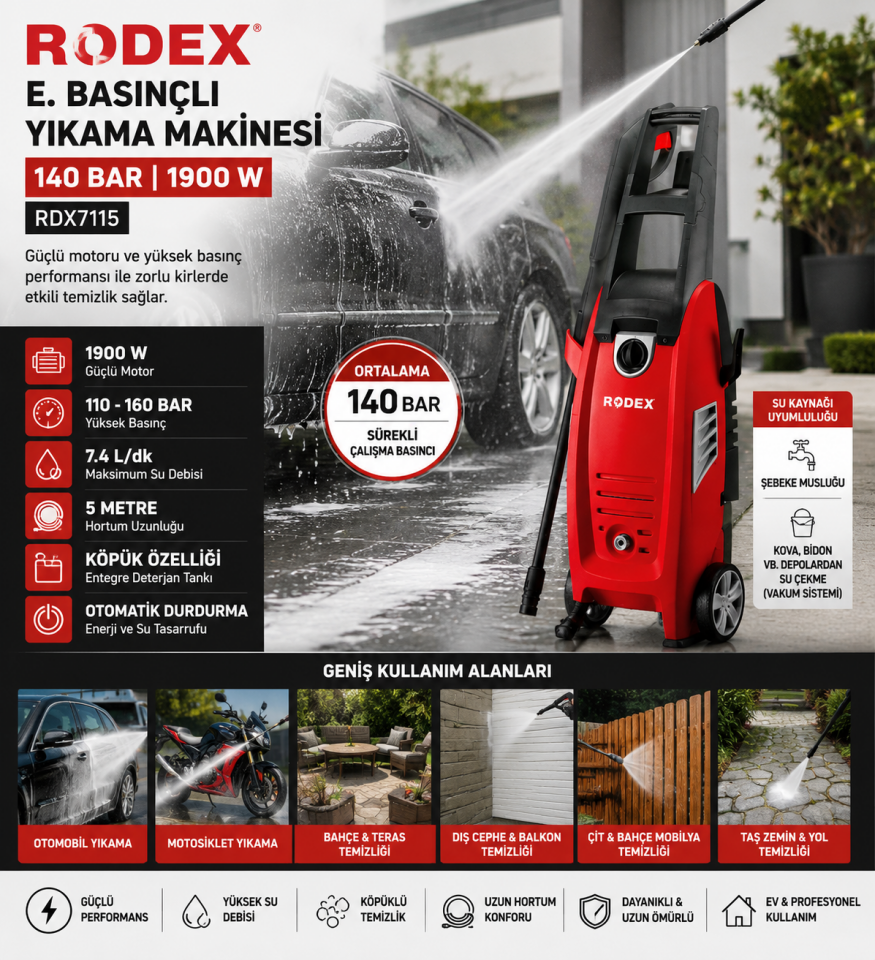RODEX E.BASINÇLI YIKAMA MAKİNESİ 140 BAR 1900 W RDX7115