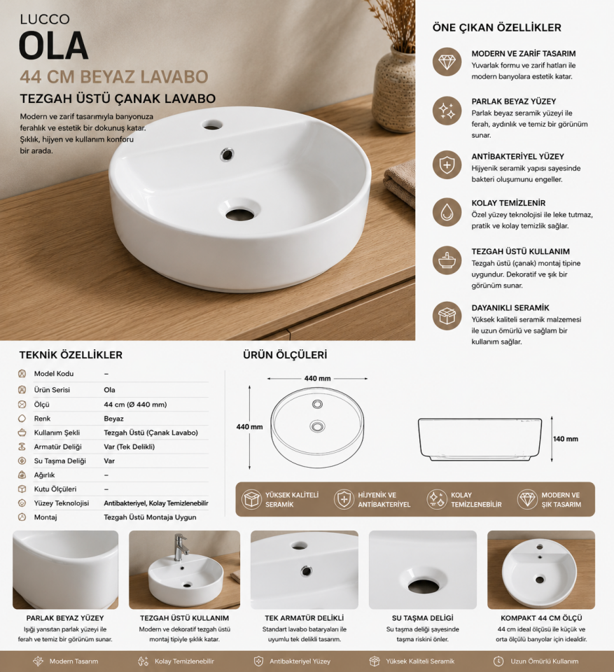 LUCCO LAVABO OLA 44 CM BEYAZ