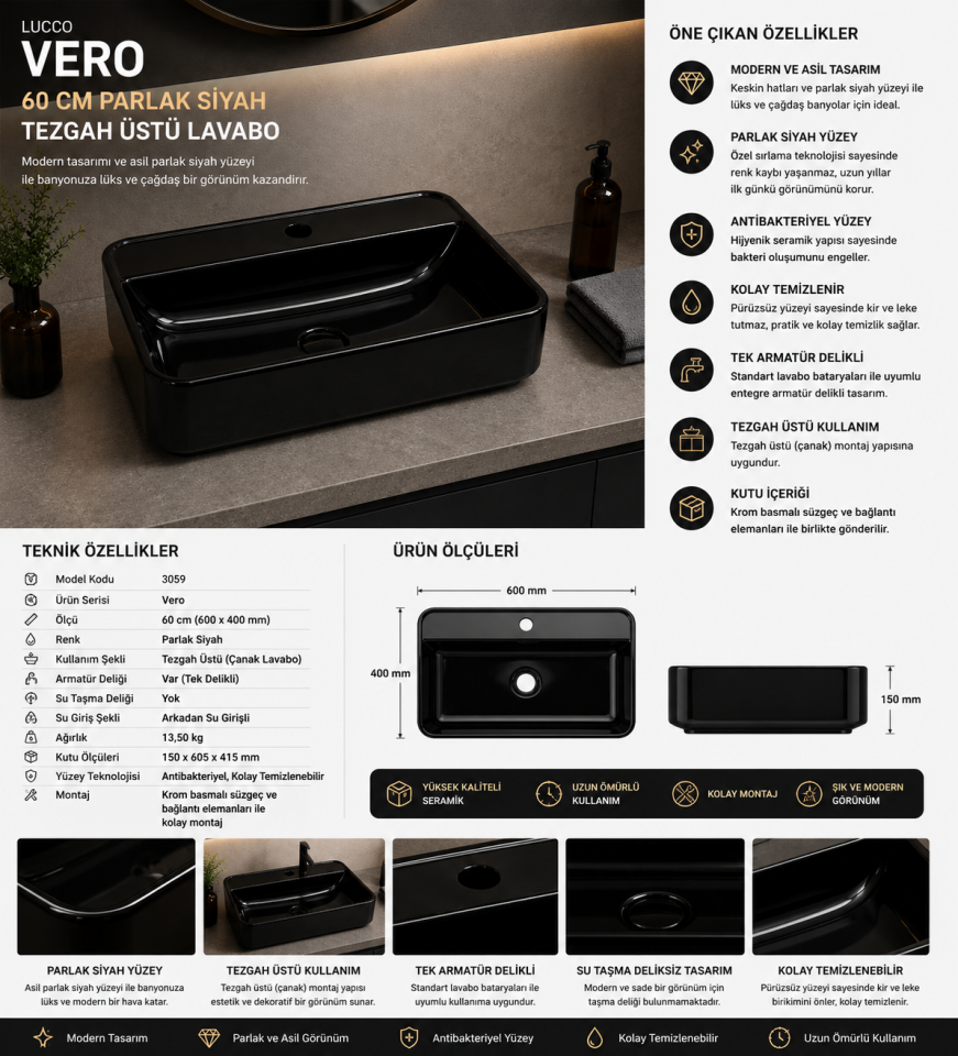 LAVABO 60 CM VERO PARLAK SİYAH LUCCO