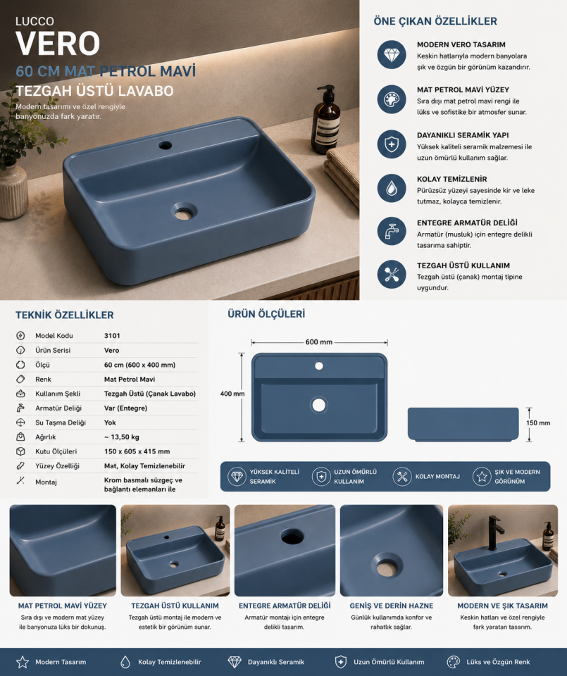LAVABO 60 CM VERO MAT PETROL MAVİ LUCCO