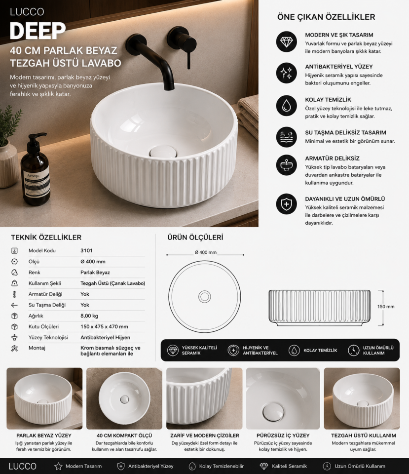 LAVABO 40 CM DEEP PARLAK BEYAZ LUCCO