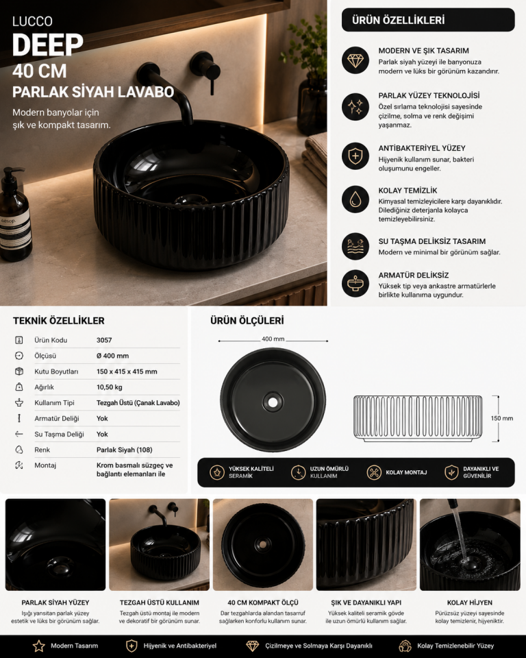 LAVABO 40 CM DEEP PARLAK SİYAH LUCCO