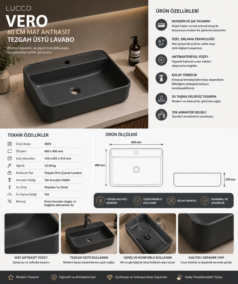 LAVABO 60 CM VERO MAT ANTRASİT LUCCO