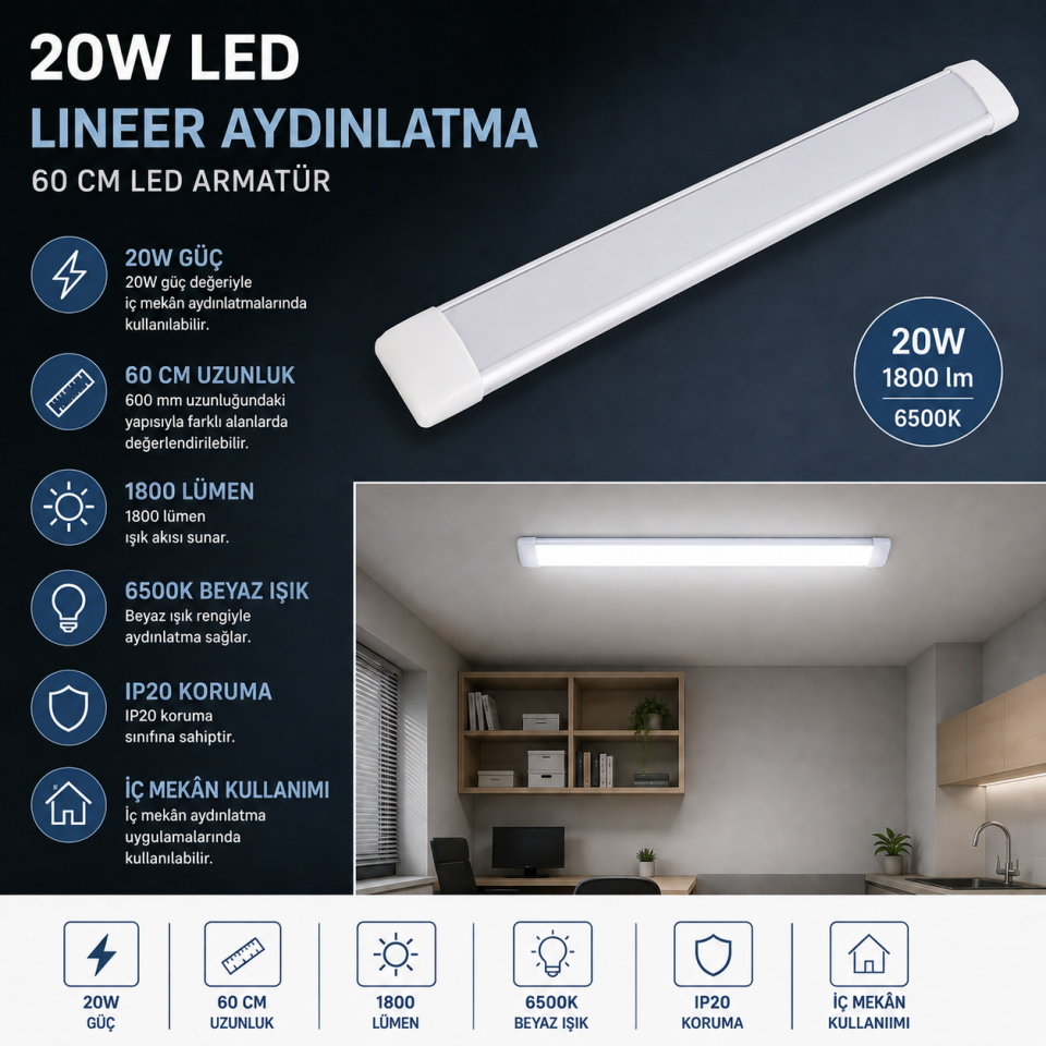 NOAS LED BANT ARMATÜR 20W 60 CM BEYAZ YL98-6000