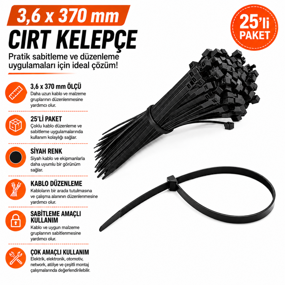 DMAX CIRT KELEPÇE SİYAH 3,6X370 25 Lİ PKT DMX4322