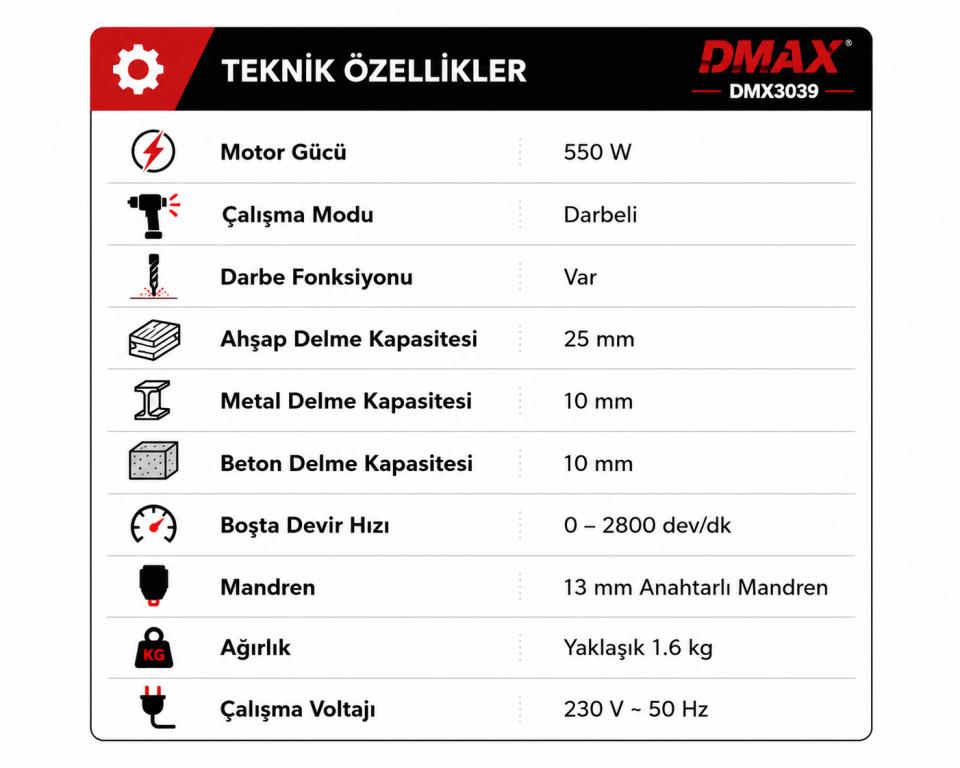 DMAX 550 W DARBELİ MATKAP DMX3039