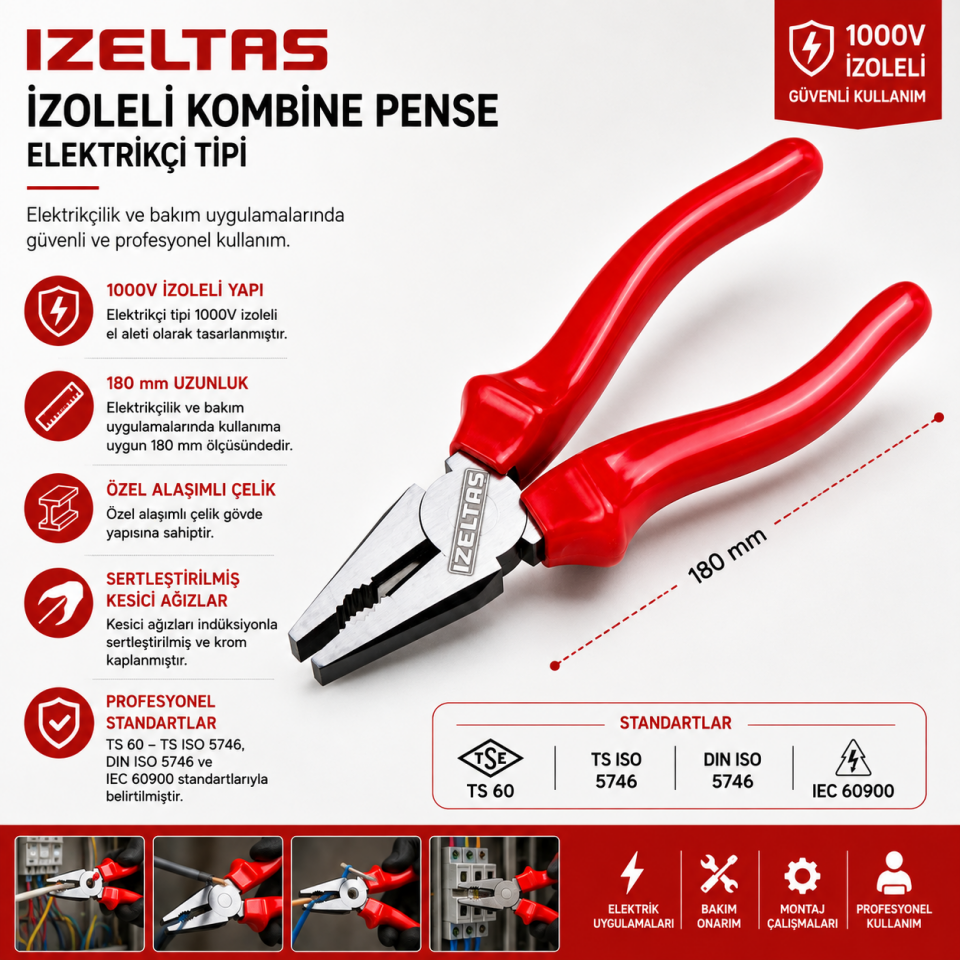 İZELTAŞ ELEKTRİKÇİ İZOLELİ KOMBİNE PENSE 180MM