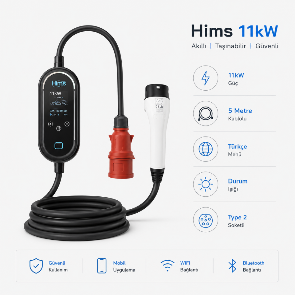 HIMS EV TİPİ TAŞINABİLİR E.ARAÇ ŞARJ CİHAZI HCTK-11-PS 11 KW