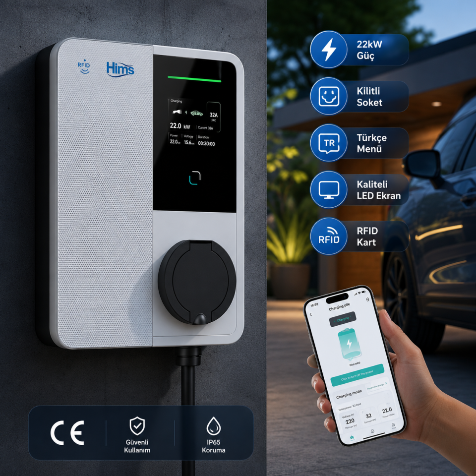 HIMS BİREYSEL DUVAR TİPİ ARAÇ ŞARJ CİHAZI HEVC-22 22 KW