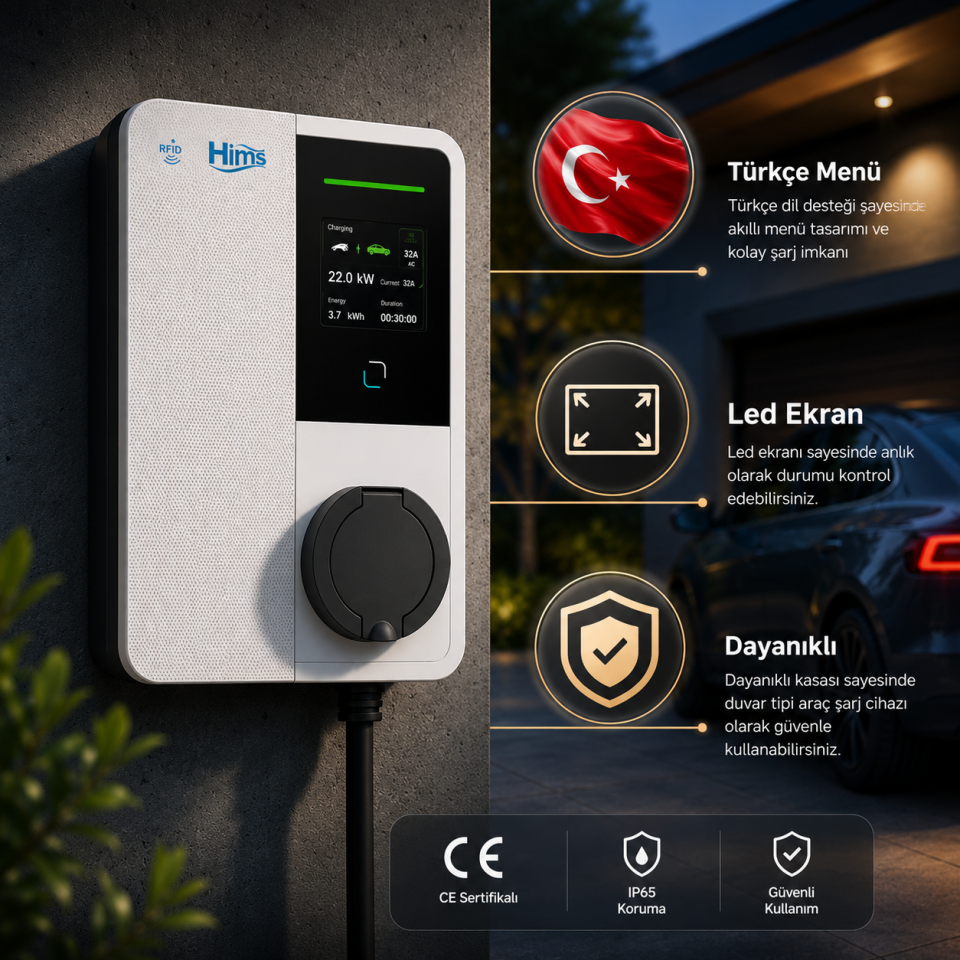 HIMS BİREYSEL DUVAR TİPİ ARAÇ ŞARJ CİHAZI HEVC-22 22 KW