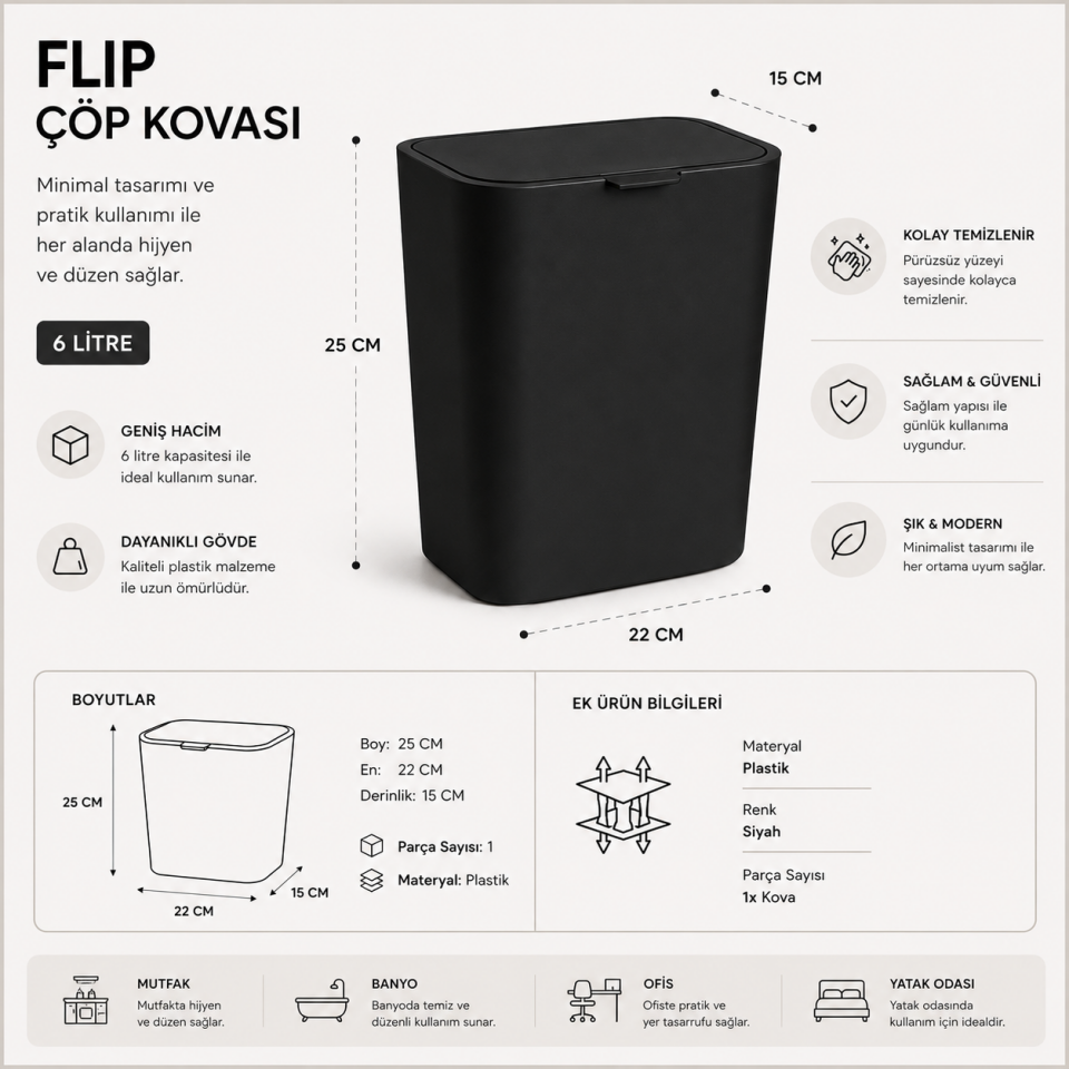 PRİMANOVA FLİP ÇÖP KOVASI 6 LT SİYAH
