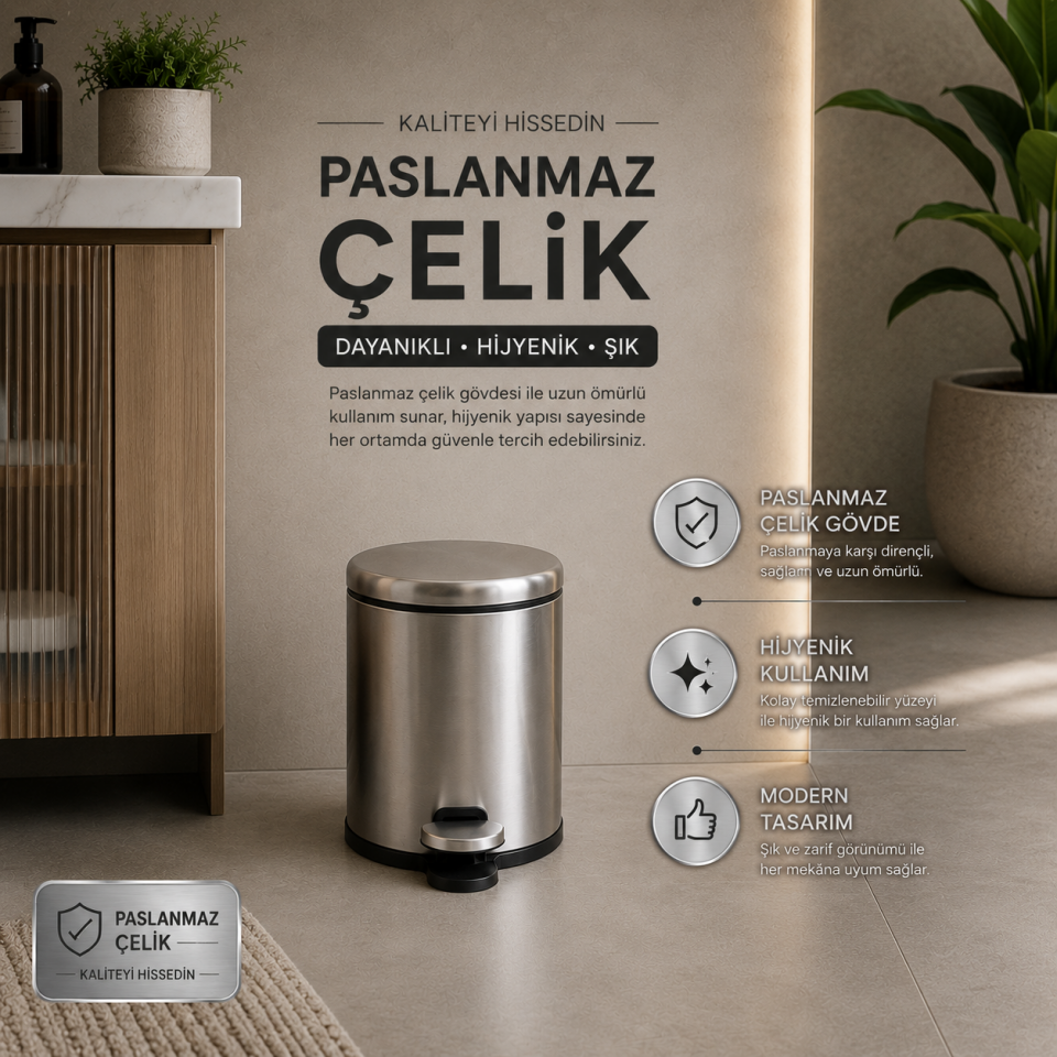 PRİMANOVA CİGO PEDALLI ÇÖP KOVASI 3 LT METAL BEJ M-MK01-09-09