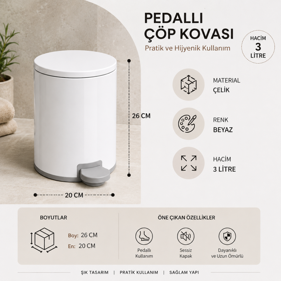 PRİMANOVA CİGO PEDALLI ÇÖP KOVASI 3 LT METAL BEYAZ-GRİ M-MK01-01-07