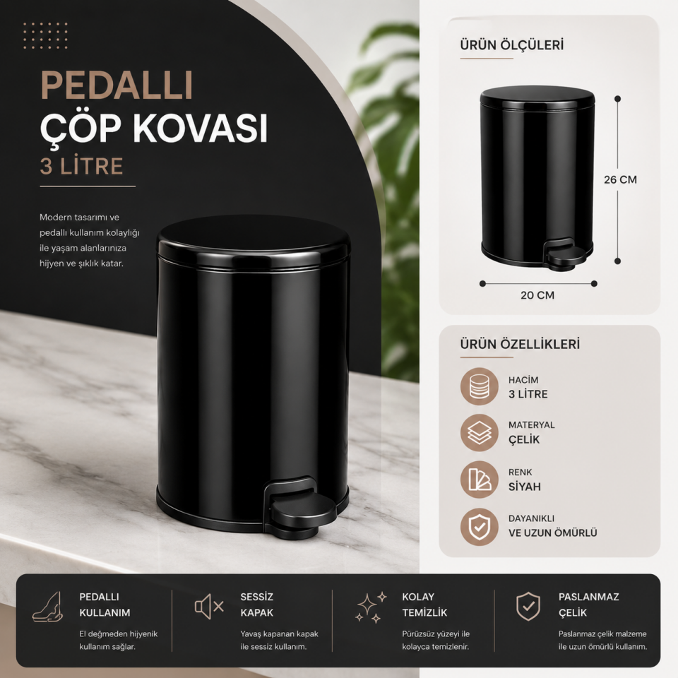 PRİMANOVA CİGO PEDALLI ÇÖP KOVASI 3 LT METAL SİYAH