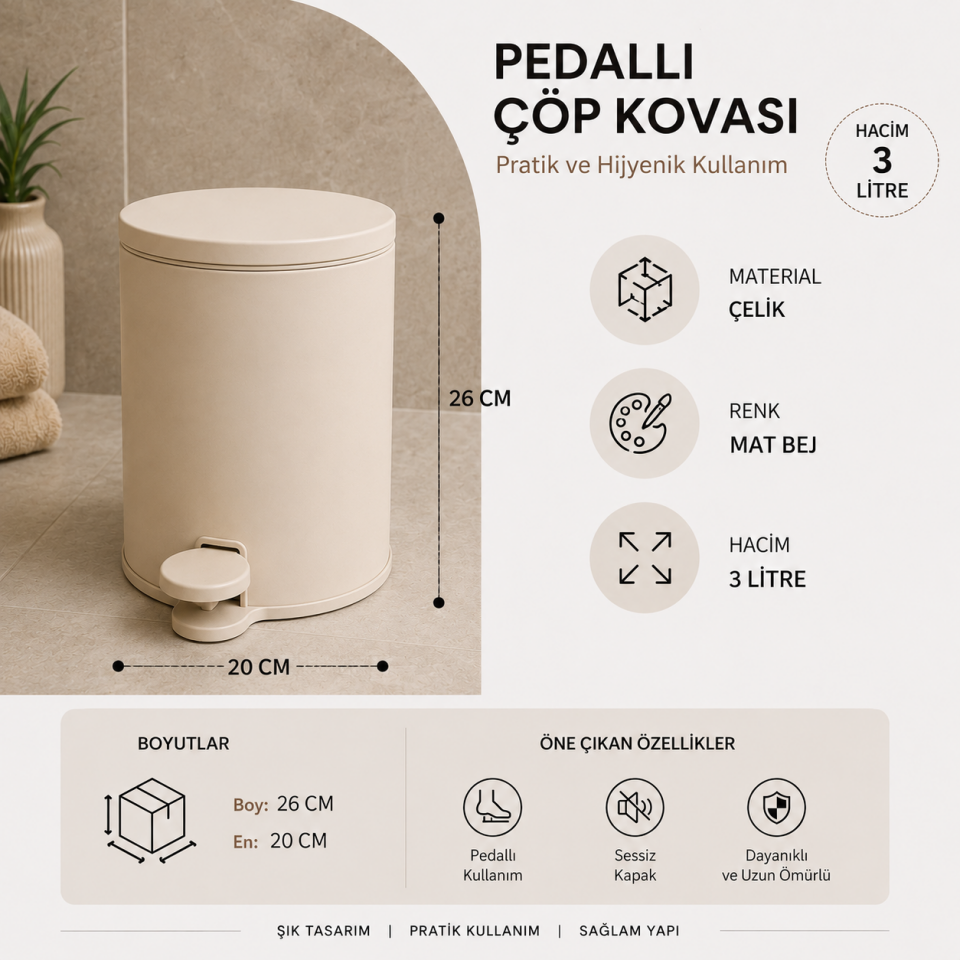PRİMANOVA CİGO PEDALLI ÇÖP KOVASI 3 LT METAL M.BEJ  M-MK01-09-09M