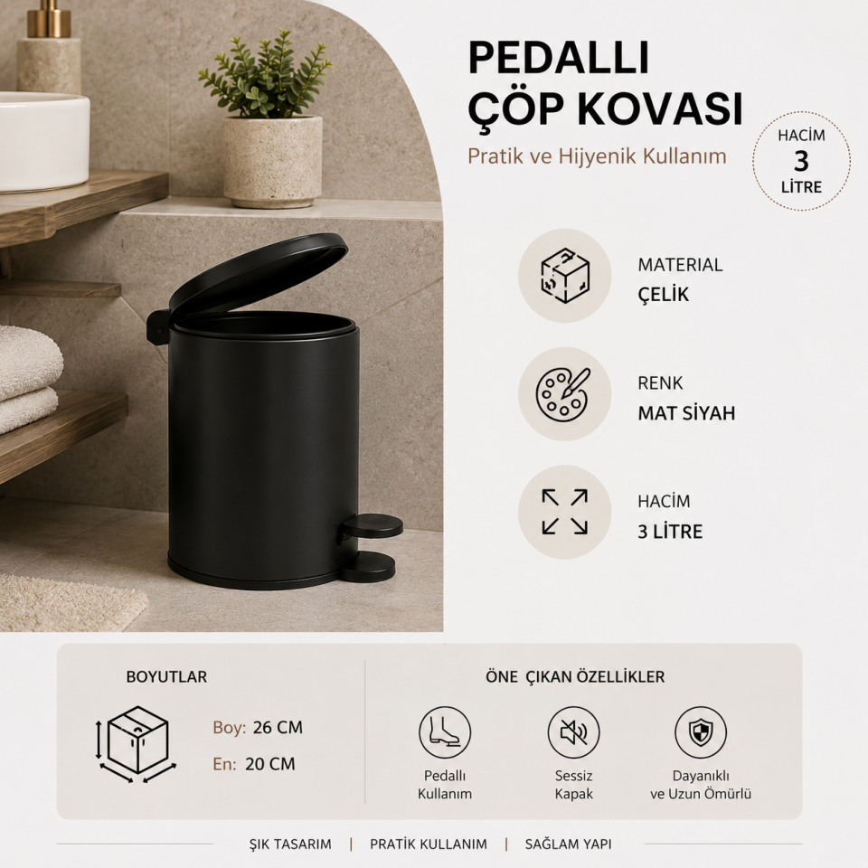 PRİMANOVA CİGO PEDALLI ÇÖP KOVASI 3 LT METAL M.SİYAH