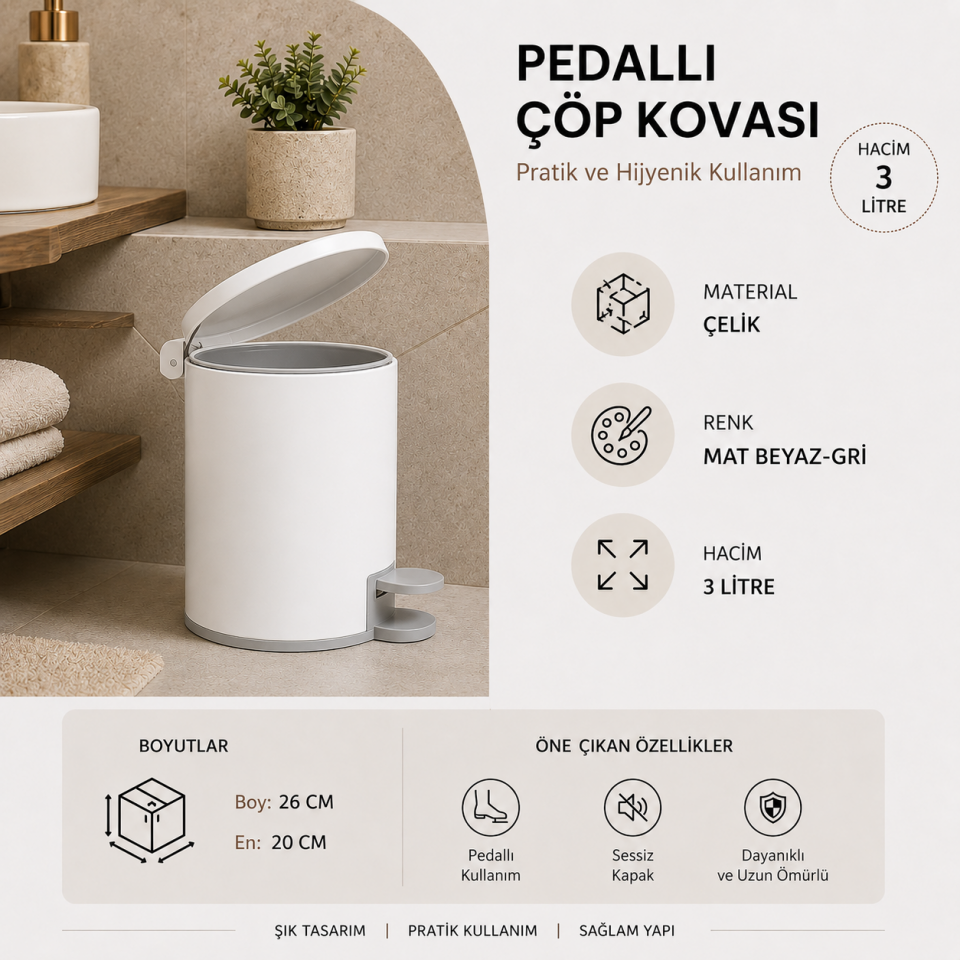 PRİMANOVA CİGO PEDALLI ÇÖP KOVASI 3 LT METAL M.BEYAZ-GRİ