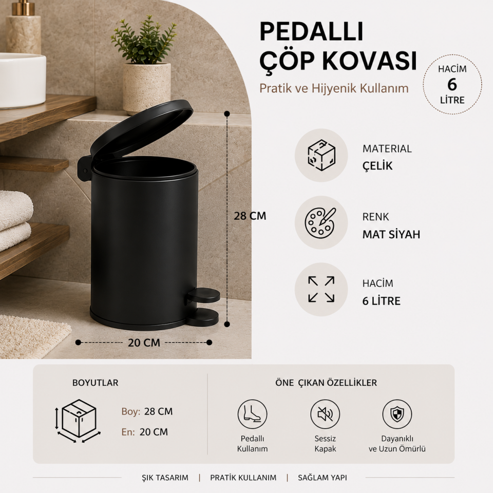 PRİMANOVA CİGO ÇÖP KOVASI PEDALLI 6 LT SİYAH MAT