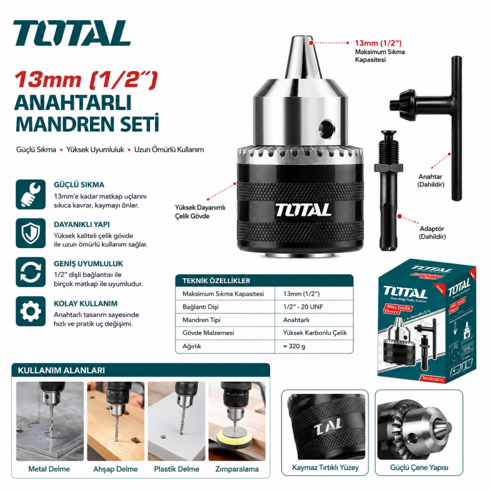 TOTAL 1/2 MANDREN ANAHTARLI ADAPTÖRLÜ 13 MM TAC451301-1
