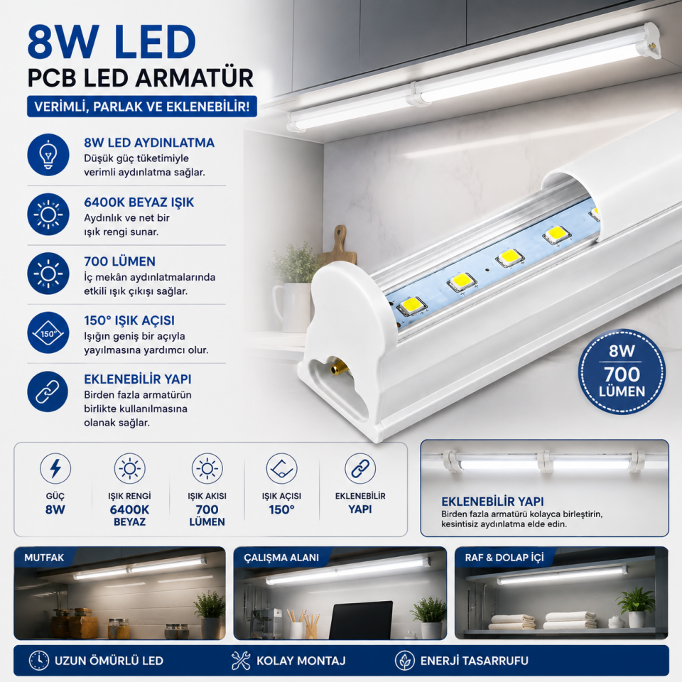 CATA 8 W T5 LEDLİ BANT ARMATÜR BEYAZ