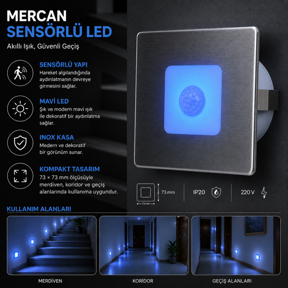 AKVİVA 61211 MERCAN LED DUVAR GÖMME ARM.KARE MAVİ