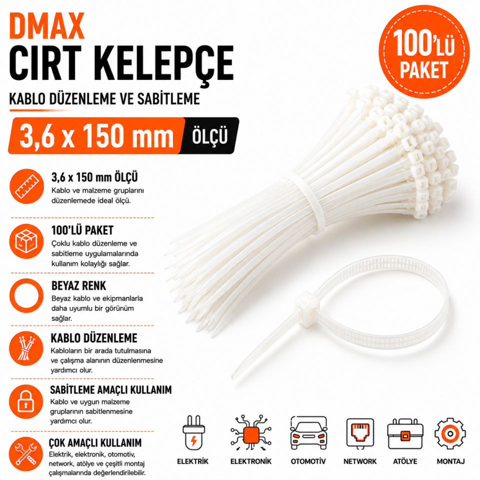 DMAX CIRT KELEPÇE BEYAZ 3,6X150 100 LÜ PKT DMX4285